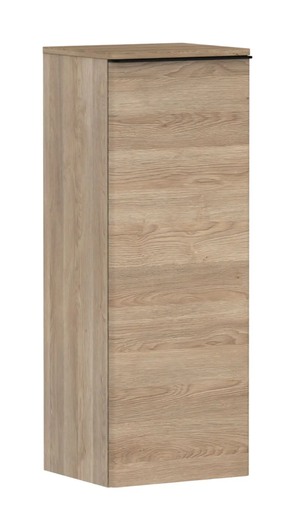 Hansgrohe Xelu Q Halbhochschrank in hellem Holzdekor, mit glatter Oberfläche und einem Türanschlag auf der linken Seite, steht auf einem ebenen Untergrund.